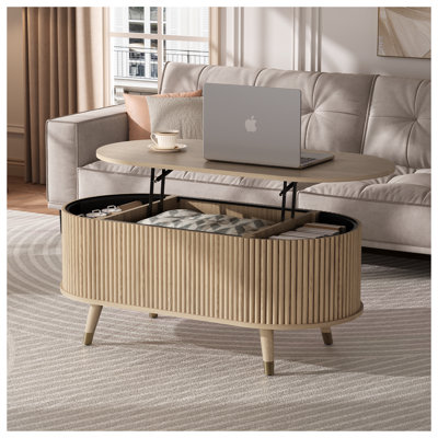 Table basse ovale à plateau relevable de 42,5 po avec rangement, table centrale en chêne de style Mid-Century avec panneau cannelé, pieds en bois massif et compartiment caché pour le salon