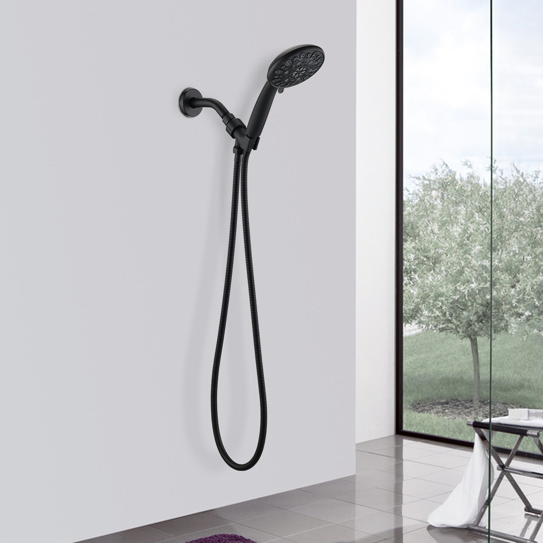 FusionFurnishings Matte Black High Shower With 7 Spray Patterns And ...