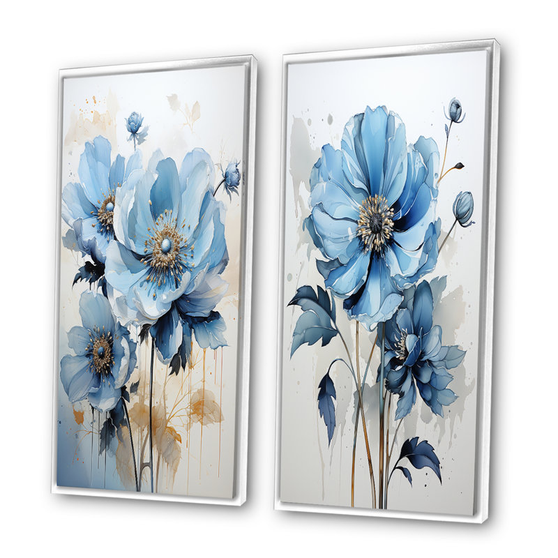 Fleur de marguerite bleue minimalisme "Fleur de marguerite bleue minimalisme" 2 - pièces sur, Cadre blanc, H 20 po x l 24 po