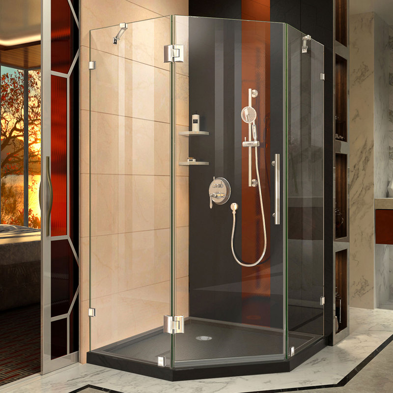 Prism Lux 42" x 74.75" Neo-Angle Hinged Shower Enclosure with Base Included, Chrome/Black