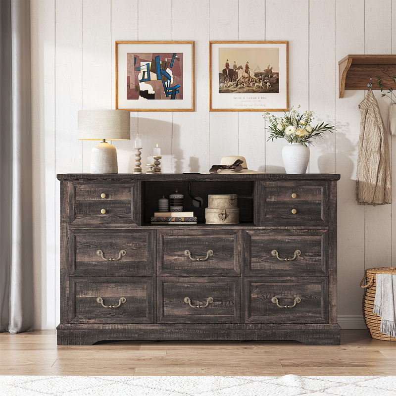 Commode pour chambre à coucher avec 8 tiroirs, commodes de chambre en bois avec lumière DEL et station de charge