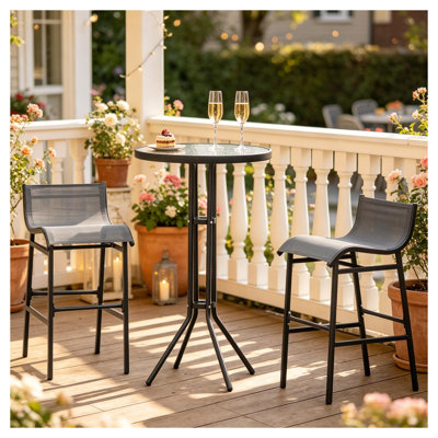 Modern Metal and Mesh Outdoor Bistro Set with Tempered Glass Table