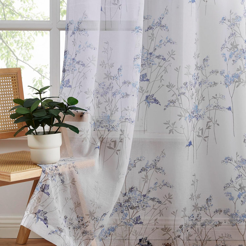 Magnifiques rideaux à motif floral boho pour le salon en 4, Bleu, L 54 po x L 63 po