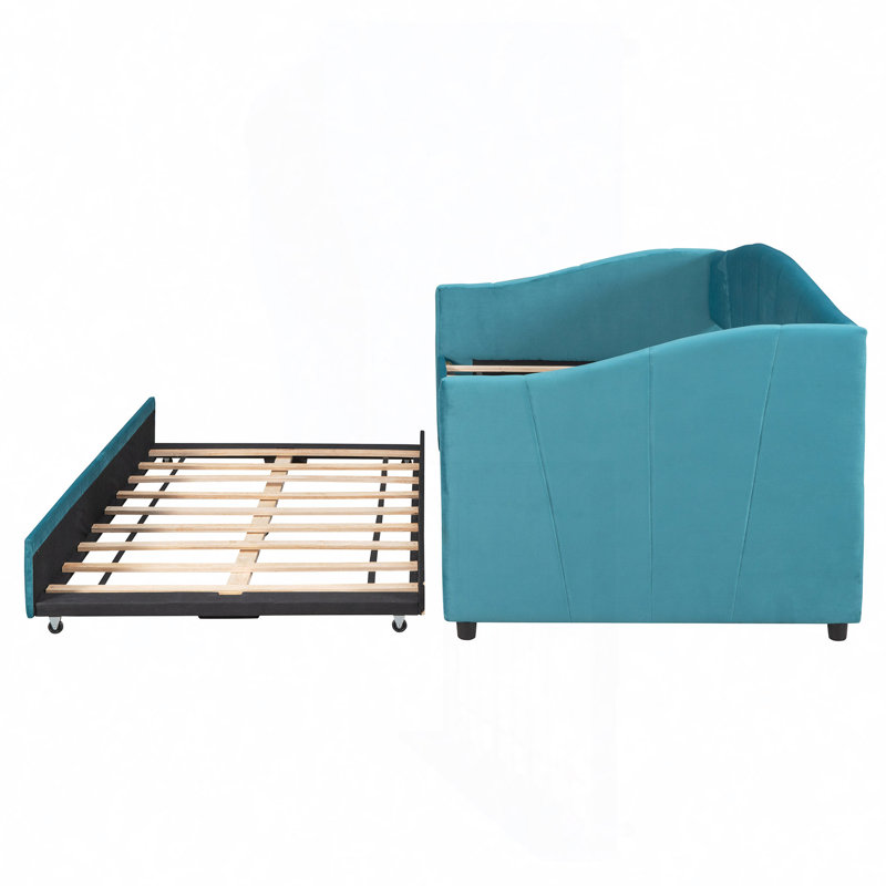 Kacy Upholstered Daybed with Trundle, Sofa Bed, Blue, Twin