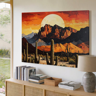 A Dramatic Desert Scene With Towering Canvas Cacti Rising Among Rugged Black And Orange Wall Art Premium Quality Ready To Hang Modern