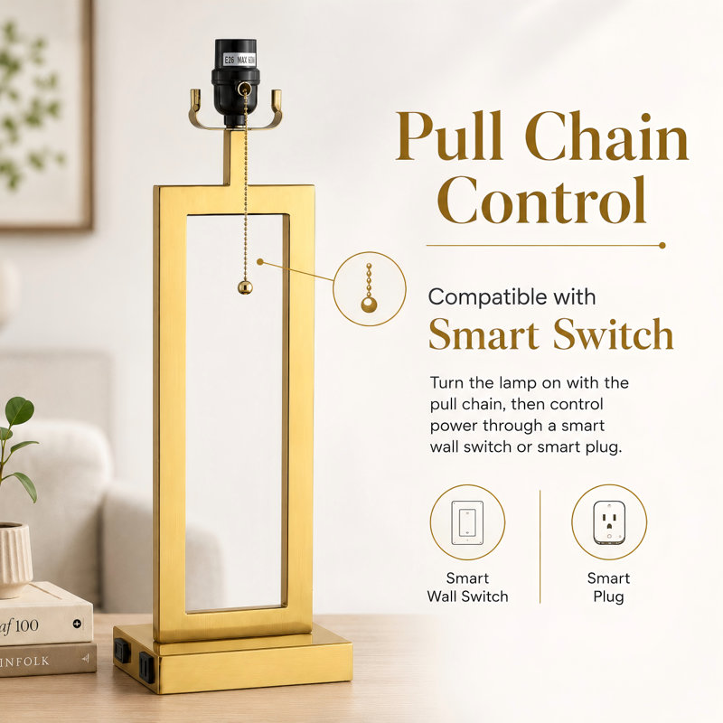 28.5" Metal Table Lamp Set With USB, Type-C Ports And Built-In Outlet(Set Of 2), Brushed Gold, Pull Chain