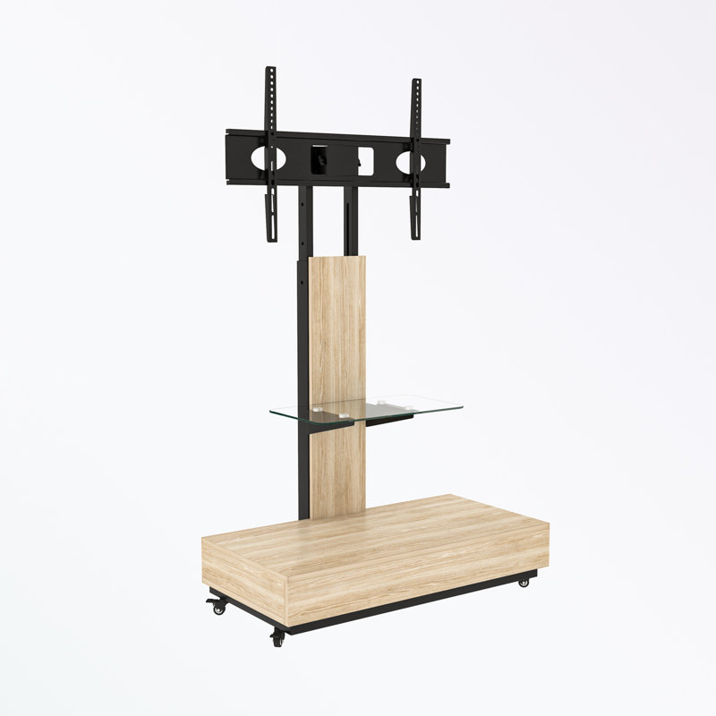 Mobile TV Stand for 32-75 Inch TVs, Adjustable Height Wood & Glass TV Cart with Wheels & Push-Pull Drawer, Natural, Natural