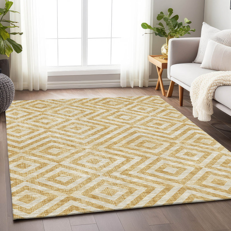 Tapis doré Prisco lavable à la machine de qualité supérieure, Rectangulaire 8 pi x 10 pi
