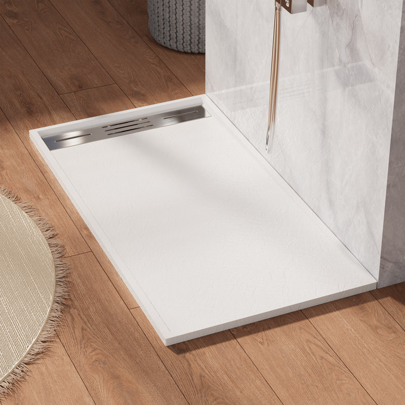59/60＂W X 36＂D SMC Solid Surface Shower Pan Base With Drain Cover, Non-Slip, Low-Profile, Curbless, Wheelchair Accessible
