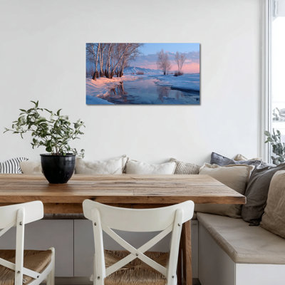  Art de Noël sur toile de bouleau de Noël d'hiver, peinture sur toile paysage de rivière enneigée, images de scène de nature hivernale tranquille pour le salon, la chambre à coucher, l'œuvre suspendue des Fêtes, 