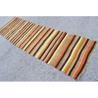Chemin de table Kilim turc rétro en vert pour une décoration intérieure biologique et un accent de couloir