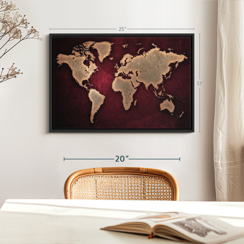" Maroon World Map Wall Art ", 17" H x 25" W