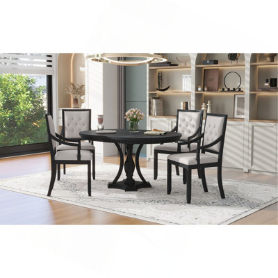 TREXM Retro 5-piece Dining Set Extendable Round Table and 4 Chairs for Kitchen Dining Room(BLACK OAK)