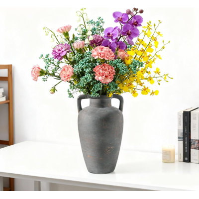 11 inch high ceramic vase with handle adds farmhouse charm to dining table decoration, living room, dining table, and home decor, making it perfect for neutral style spaces