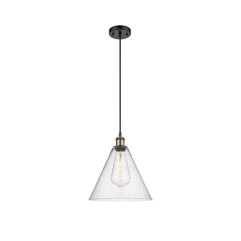Luminaire suspendu conique à 1 lumière Halyn, Laiton antique noir, H 14,75 po x l 12 po x P 12 po, Noir transparent