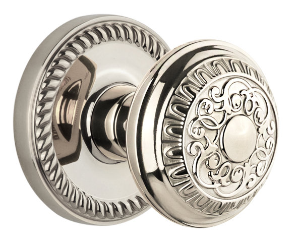 Rosette Grandeur Newport avec bouton de porte Windsor, Nickel poli, 2 3/4", Confidentialité