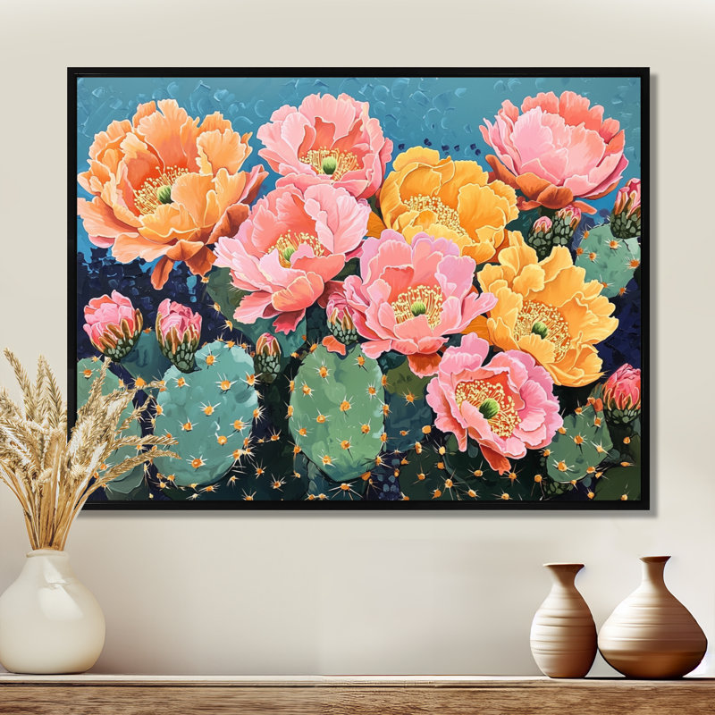 Rose et orange cactus Bloom II - cactus floral, reproduction sur toile, H 34 po x l 44 po, Noir