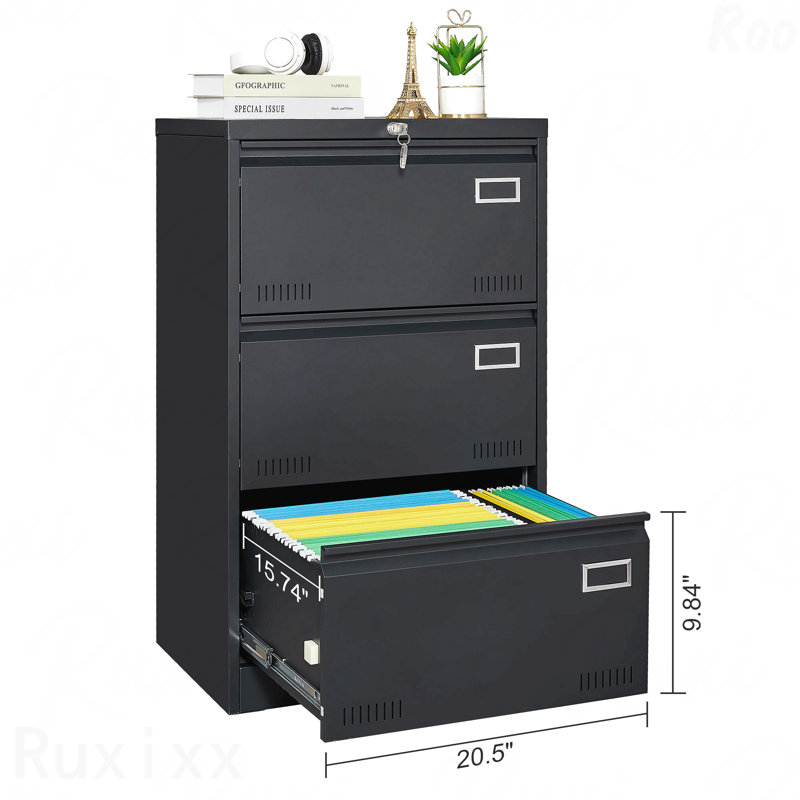 3 Drawer Filing Storage Organizer Cabinet Black Locking Metal File Cabinets Three Drawer Office Filing Cabinet With Lock Drawers For Home Office/Legal/Letter/A4/F4