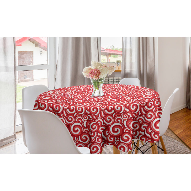 Ambesonne Candy Round Tablecloth, Spiral Motifs Pattern With Doodle Style Christmas Theme Illustration, Circle Table Cloth Cover For Dining Room Kitchen Decoration, 60", Coral Ruby White
