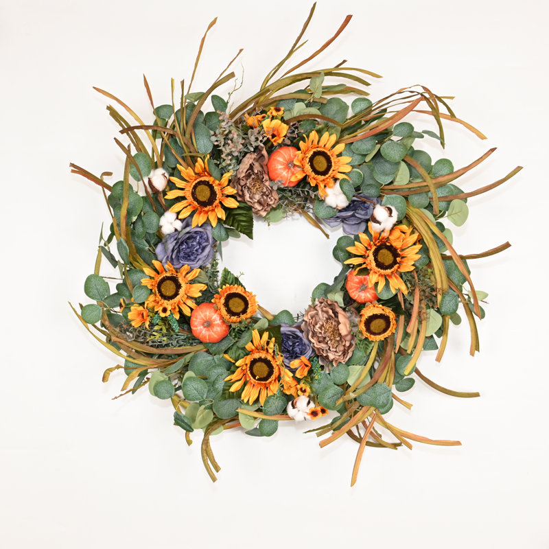 Couronne florale artificielle de 28 po pour le jour de l'Action de grâce, Bleu / jaune / vert