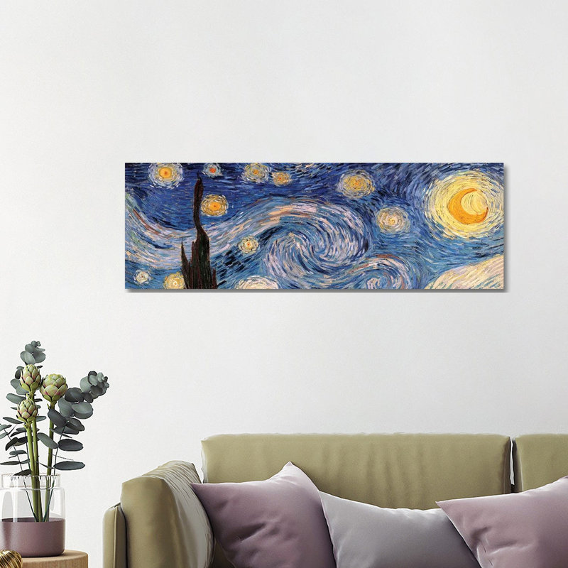 The Starry Night by Vincent Van Gogh - Panoramic Painting on Canvas, 30.48 cm H x 91.44 cm W, White Floater Framed