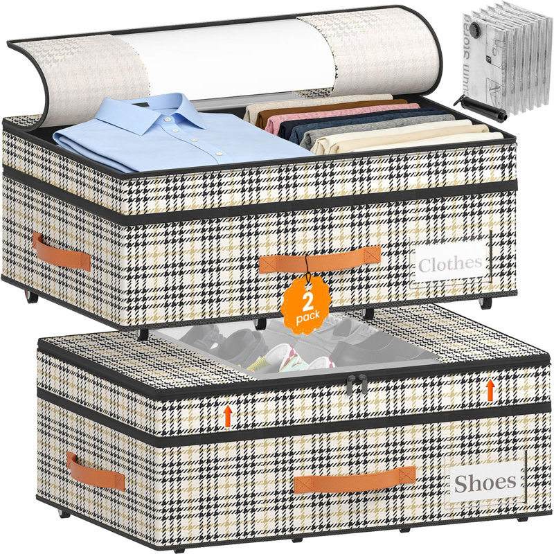 Tiroirs de rangement sous le lit avec roulettes, 6 sacs d'aspirateur, hauteur réglable, bac à couvercle transparent, Oxford 900D, économiseur d'espace pour chaussures de chambre à coucher, paquet de 2 (pied-de-poule)