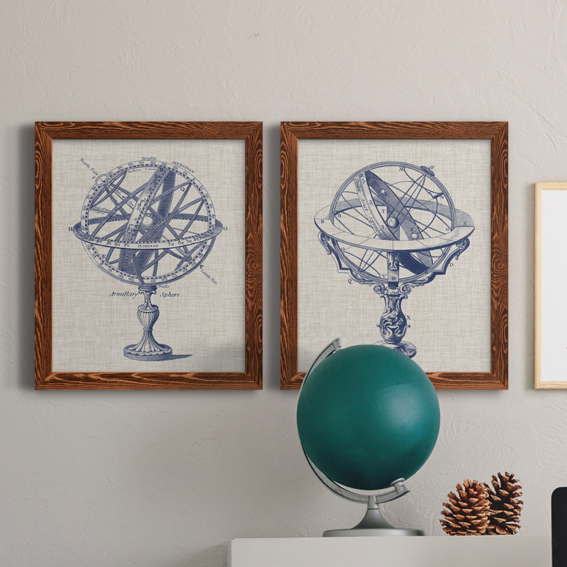 Armillary Sphere on Linen I - Reproduction d'art graphique encadré, H 20 po x l 17 po x P 1 po, Toile avec cadre érable