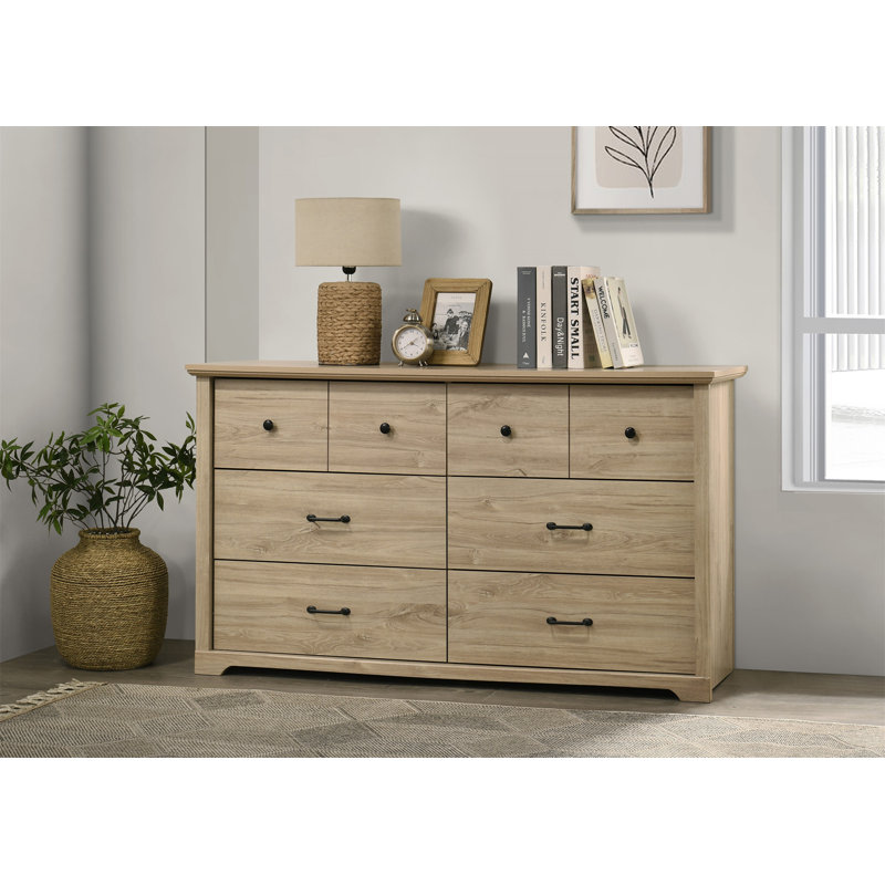 Commode 6 tiroirs avec poignées noires Elara, Light Oak