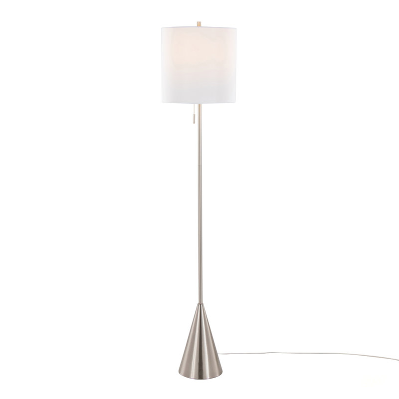 Cone 64 Inch Contemporary Metal Floor Lamp With Brushed Nickel Finish And White Linen Drum Shade For Modern Interiors