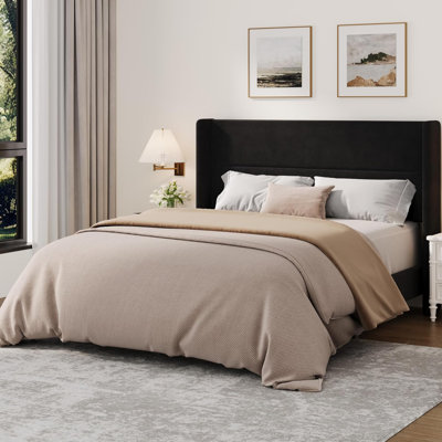 Cadre de lit avec tête de lit à oreilles, cadre de lit tapissier en velours avec lattes de bois, aucun sommier requis, assemblage facile