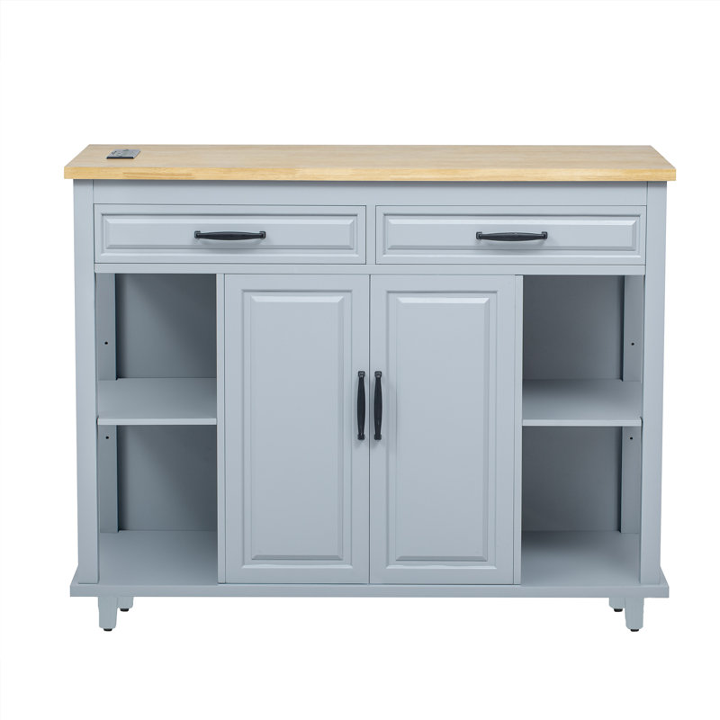 47" Rubber Wood Kitchen Island With Extendable Table, Storage Rack, Drawers, Cabinets & Built-In Power Outlet, Grey Blue