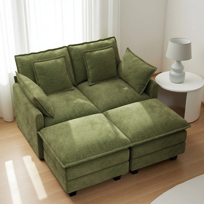 George 57" Upholstered Chenille L Shaped Sectional Loveseat Sofa with Two Ottomans, Green