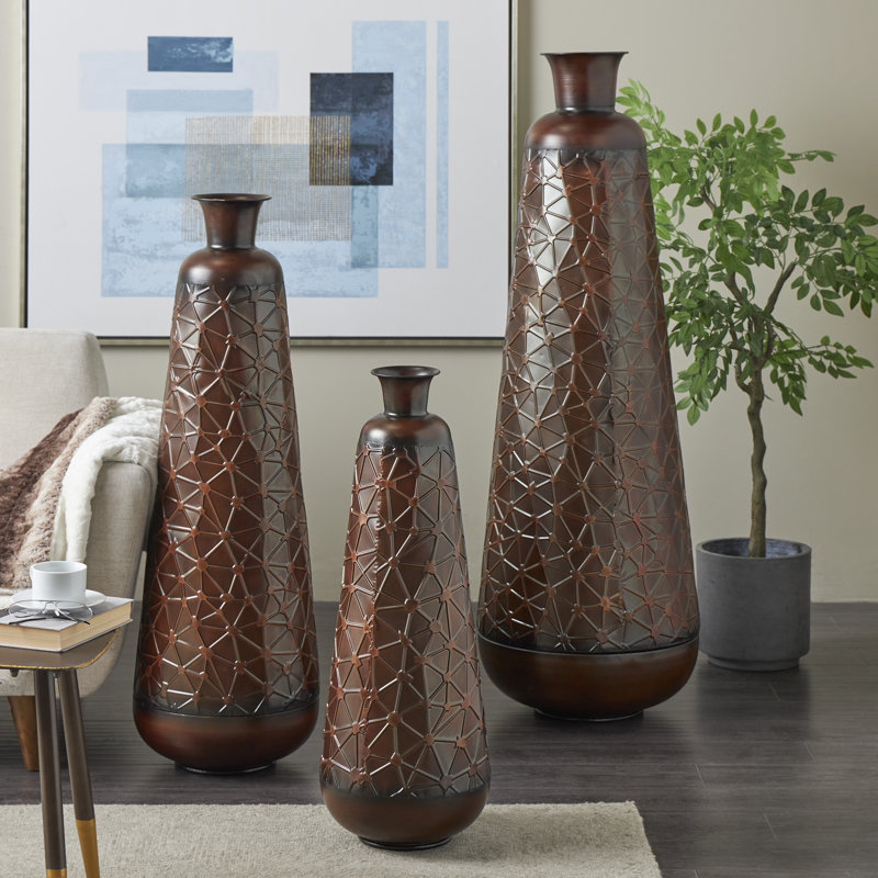 Cassano Metal Tall Teardrop Shaped Decorative Dark Brown Vase with Hammered Texture Set