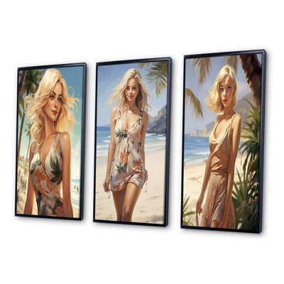 «Blonde Beauty Walking By The Shoreline», 3 pièces sur toile