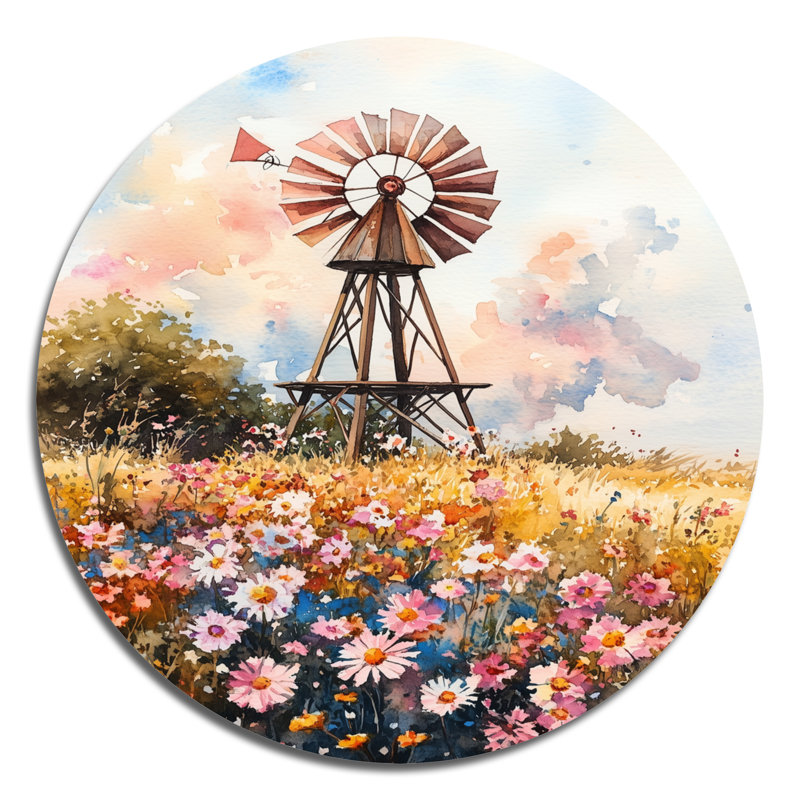 Décoration murale ronde en métal Country Farm Mill, L 36 po x H 36 po