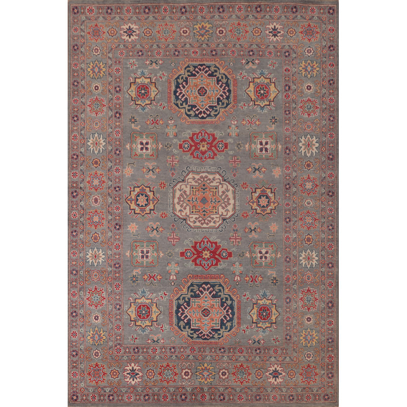 Grey Geometric Kazak Oriental Area Rug 7x10