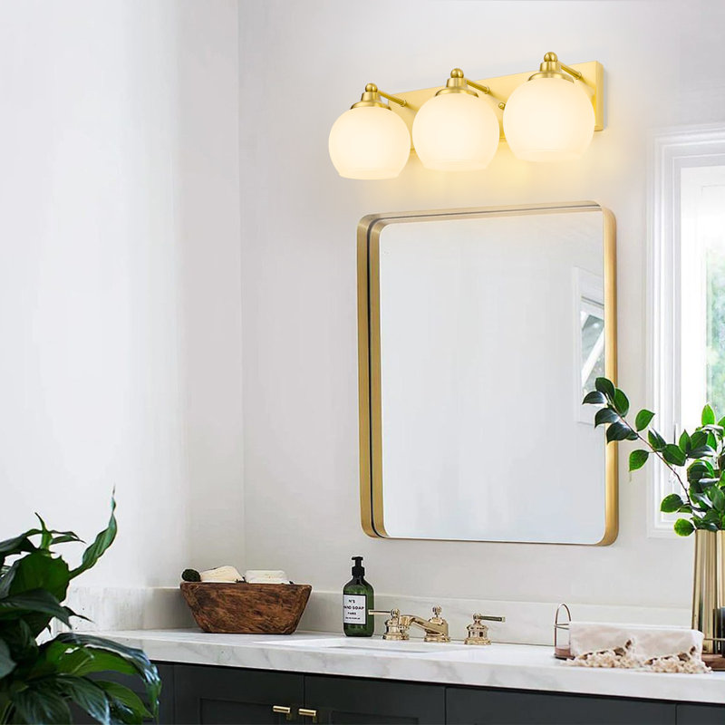 Meuble-lavabo 3 lumières à lumière dorée avec verre blanc, Transparent, Or brossé
