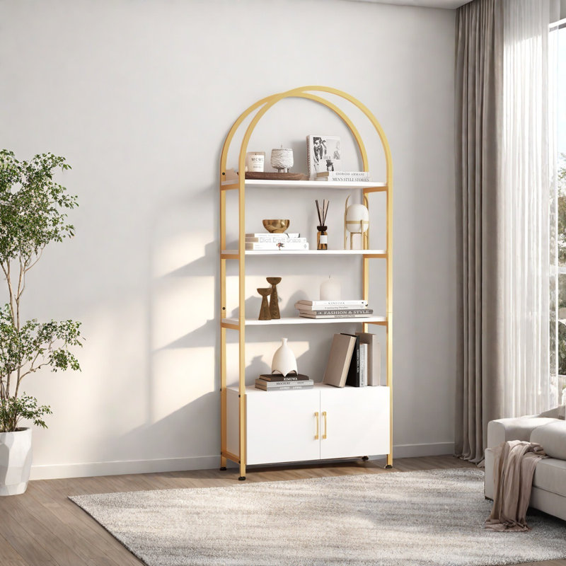 Bookshelf With Door, Tall Bookcase With Storage Cabinet Shelf, Gold/White