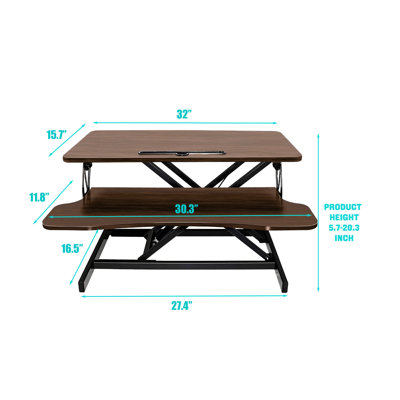 Convertisseur de bureau pour travailler debout réglable de 32 pouces de hauteur, configuration pour deux écrans et un ordinateur portable, large plateau pour clavier, couleur noyer, structure pour travail de bureau, poste de travail assis-debout, espaces idéaux