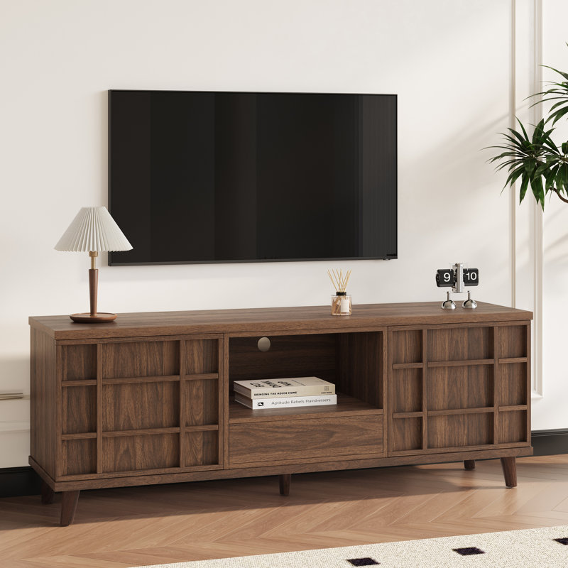 59" TV Stand with Solid Wood Legs Entertainment Center with Storage Cabinets & Drawer, Media Console for Living Room Mid-Century TV Stand