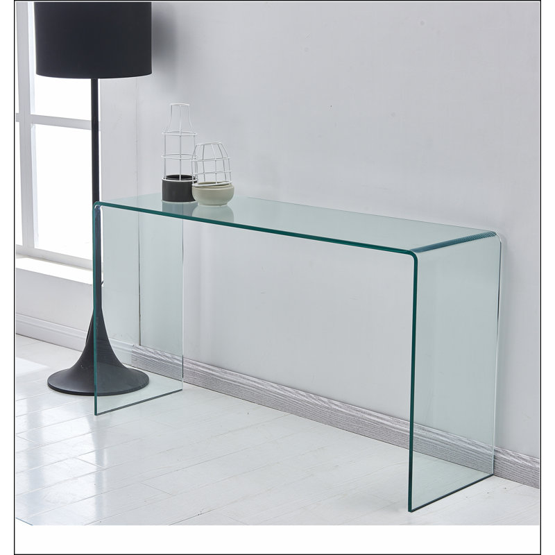 Console en verre, console en verre trempé transparent avec bureaux à bords arrondis, table de canapé