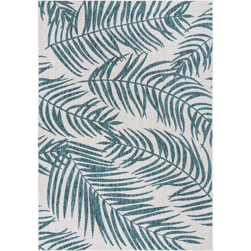 Tapis intérieur / extérieur bleu clair / blanc en polypropylène tissé à la machine Rowdy, Rectangle 7 pi x 10 pi