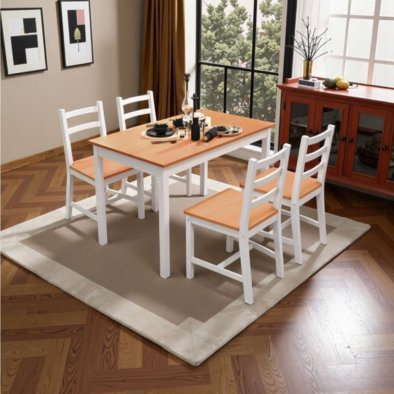 Ensemble de salle à manger 5 pièces en bois massif - Table rustique en pin avec 4 chaises à haut dossier, Blanc / Brun