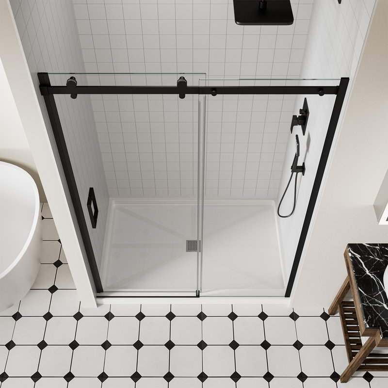 Frameless Sliding Shower Door, Glass Shower Door with 5/16" (8mm) Clear SGCC Tempered Glass, Easy-Clean Coating, 50-54" W x 74" H Matte Black Finish Shower Doors, Reversible Installation