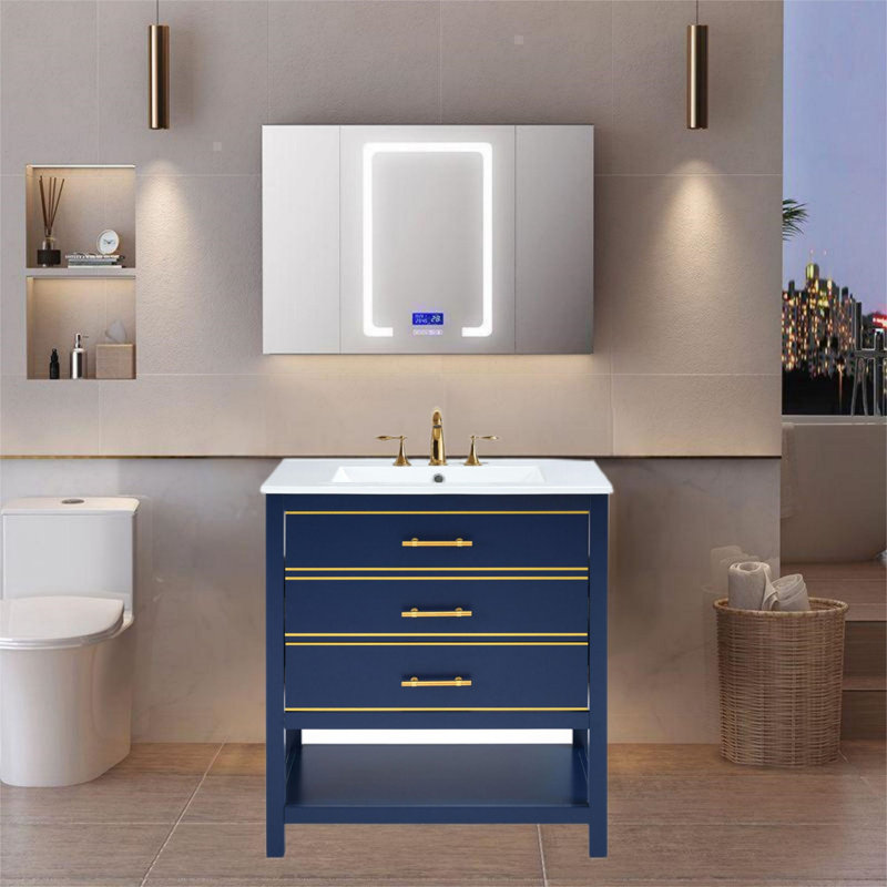 Meuble-lavabo moderne 30 po avec comptoir en céramique , Bleu