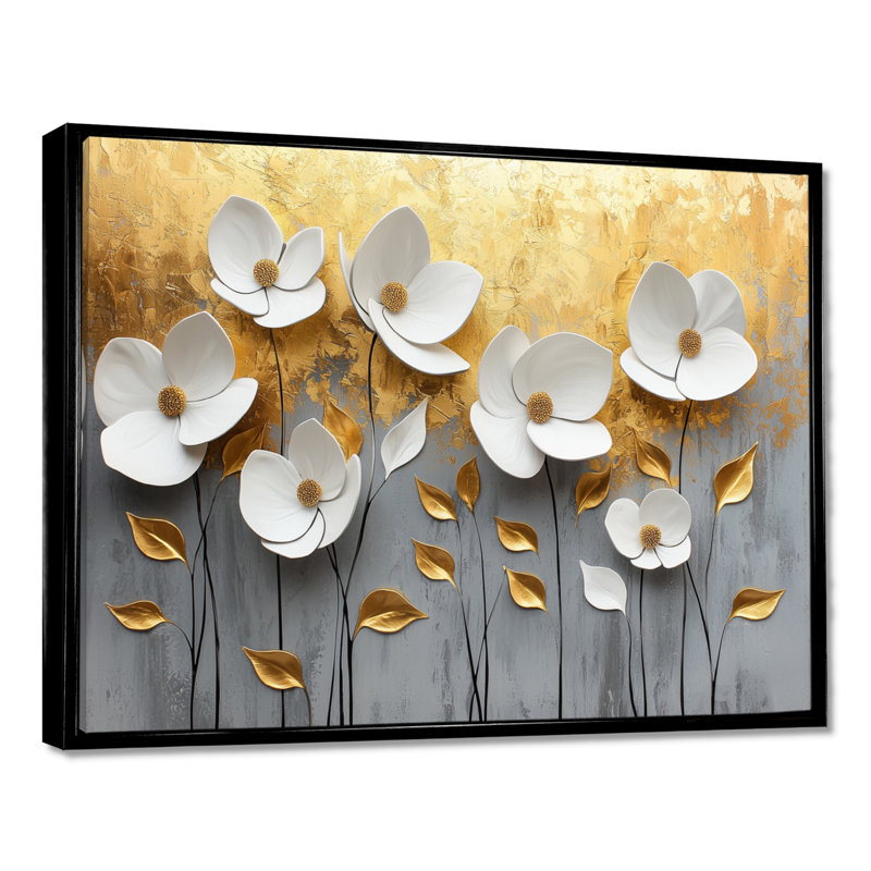 Fleurs blanches et dorées, forme pure de marbre II - coquelicot, art mural, Noir, Cadre flottant, H 16 po x l 32 po