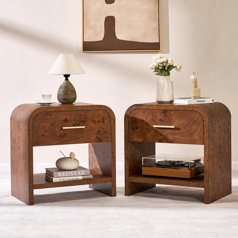 Modern Nightstand Set Of 2 Wooden Bedside Tables With Smooth Rounded Corner Design, Dark Brown