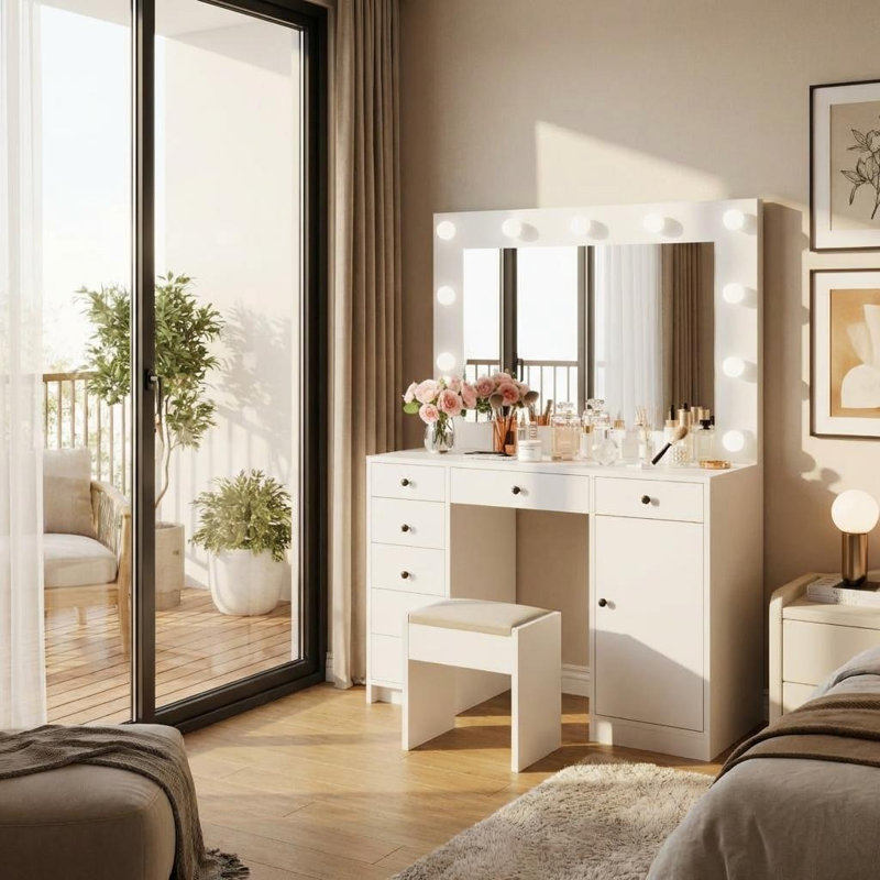 Bureau de coiffeuse avec miroir et lumière, coiffeuse de maquillage avec station de charge, 7 tiroirs de rangement, 1 armoire, 3 modes d'éclairage couleur, coiffeuse en bois moderne pour la chambre à coucher