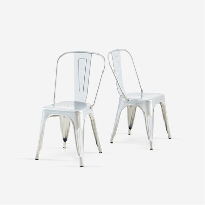 Set Of 2 High Gloss Silver Industrial Metal Dining Chairs 18 Inch Seat Height Stackable Indoor Outdoor, Lightweight Easy-Clean Surface, Easy Assembly, Durable Modern Design, For Kitchen Cafe Bar