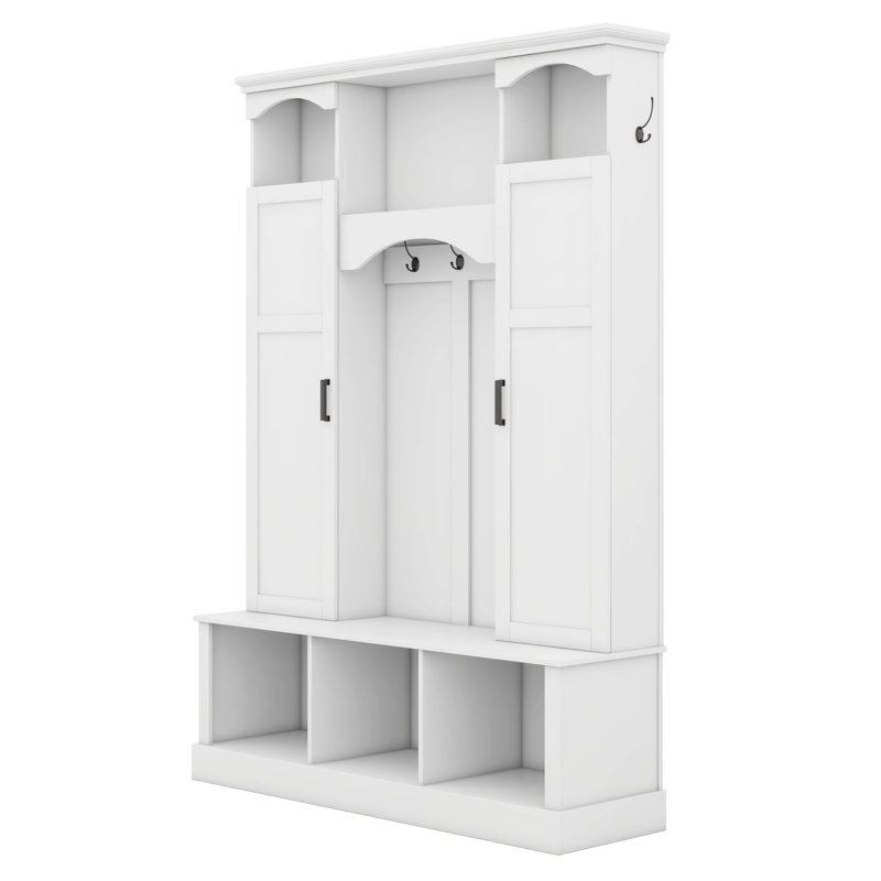 Hall Tree With Adjustable Shelves, Classic Arched Storage Bench With Dual Side Cabinets, 7 Hooks, White